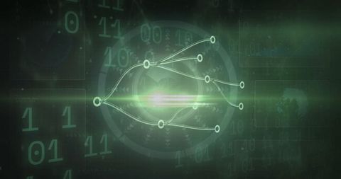 Futuristic digital network visualization with circulating nodes