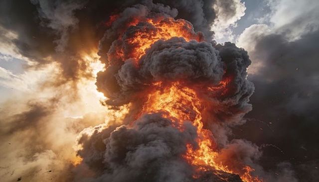 Rising mushroom cloud bulging with blazing orange fire and billowing smoke plume
