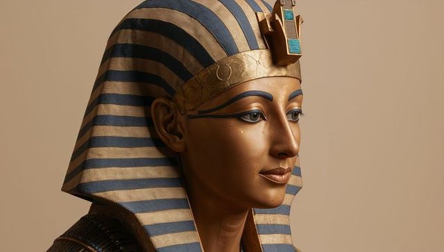 Ancient pharaoh bust with blue and gold nemes headdress