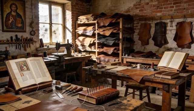 Traditional bookbinding workshop with illuminated manuscripts, hand tools and leather hides