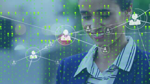 Businesswoman Interacting with Digital Network Overlay and Codes