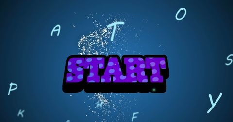 Colorful Start Text with Floating Letters on Blue
