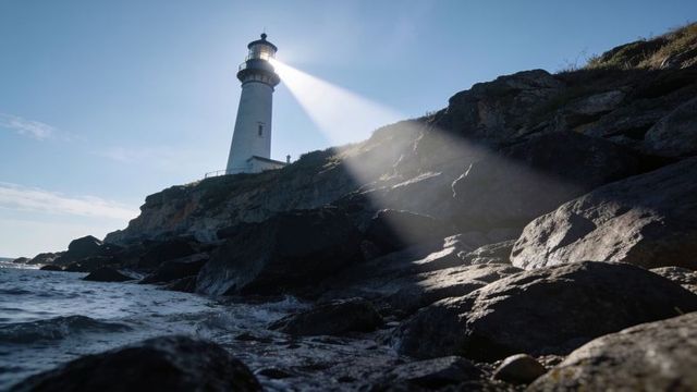 Beaming lighthouse casting beam over rocky shoreline and boulders, sunlit seascape