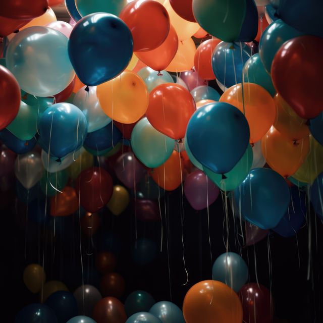Vibrant and colorful balloons are floating in a dark room. This image captures the joyous and festive atmosphere typically associated with celebrations. Ideal for use in party invitations, festive event posters, birthday cards, and celebratory banners.