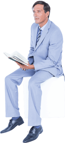Transparent businessman reading book in seated pose, professional attire, focused