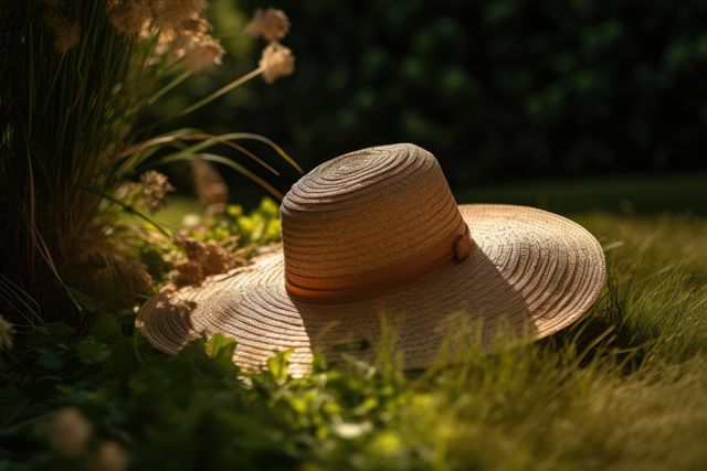 Woven straw hat rests on lush green grass, illuminated by gentle sunlight amid garden flora. Ideal imagery for summer-related themes, advertisements for outdoor activities, lifestyle blogs focusing on relaxation, and promotional material for garden decor or outdoor fashion accessories.