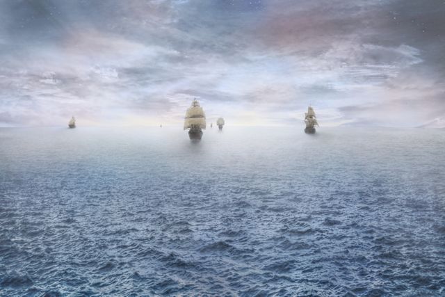 Four historic sailing ships are voyaging under a serene and partly cloudy sky at dawn. The calm ocean reflects the subtle tones of the early morning light. This scene invokes a sense of peace, exploration, and maritime history, making it ideal for themes related to adventure, historical events, travel, or tranquility. Great for use in historical documentaries, travel promotions, and nautical-themed designs.