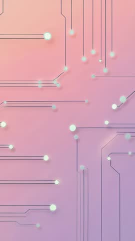 Vertical video pulsing circuit network on pastel gradient with glowing nodes and soft flares