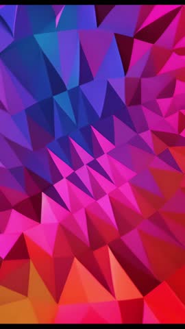 Vertical looping low-poly triangle mosaic animation with vibrant gradient shifts and glowing facets