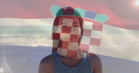 Young woman enjoying serene beach with croatian emblem overlay