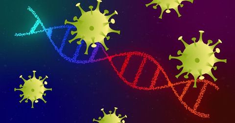 Colorful dna helix with green coronavirus particles in digital illustration