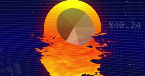 Neon data sunset showing pie chart with molten reflection on navy grid
