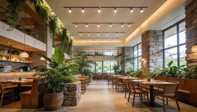 Modern dining space with lush indoor greenery, wooden tables, woven-back chairs, mezzanine