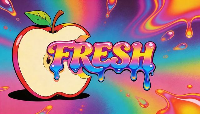 Psychedelic dripping fresh typography overlapping bitten apple pop art rainbow poster