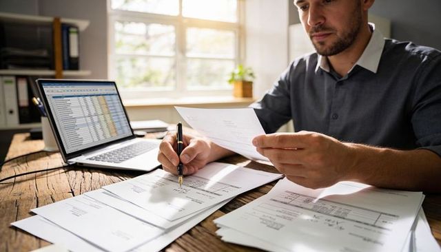 Man reviewing and signing financial documents at sunlit home office desk with laptop today