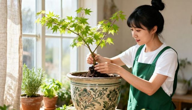 Asian woman repotting japanese maple in decorative ceramic planter by sunlit window