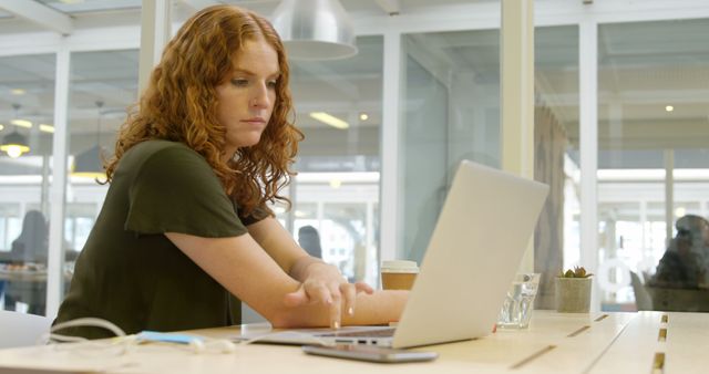 Focused Woman Working on Laptop in Modern Cafe - Download Free Stock Images Pikwizard.com