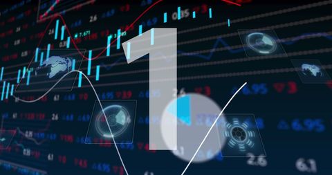 Digital countdown overlapping global stock market charts