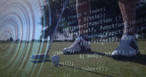 Golfer Putt with Futuristic Code Overlay on Green