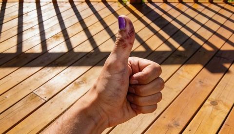 Thumbs-up showing purple nail polish and scabbed thumb on sunlit wooden deck with shadows
