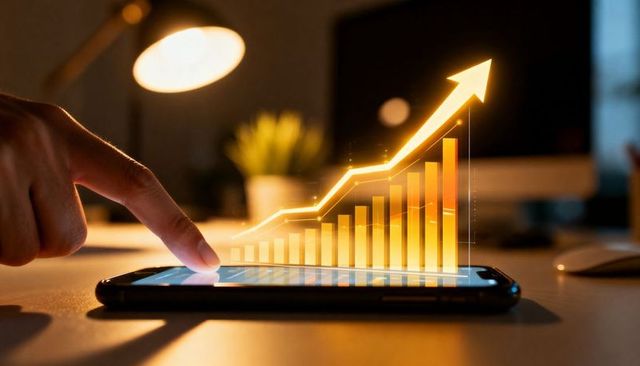 Finger tapping smartphone generating holographic golden bar chart showing data growth