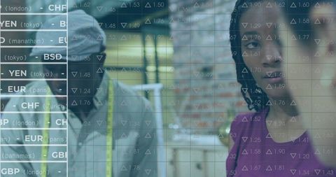 Tailor and designer measuring garment with currency market overlay for fashion startup