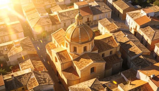 Historic domed church glowing over terracotta roofs at golden hour