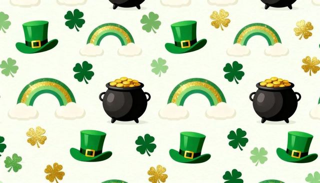St patrick's day seamless pattern with pot of gold, leprechaun hat, rainbow and shamrock
