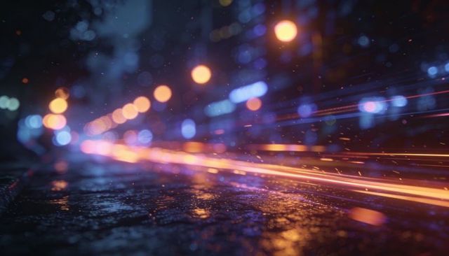 Neon light trails reflecting on wet asphalt with bokeh and rain-spark motion blur