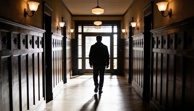 Silhouette man walking down paneled corridor toward backlit glass door, moody interior
