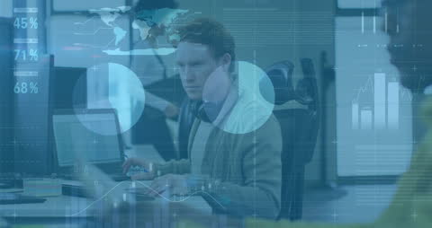 Man Analyzing Financial Data with Virtual Interface in Office