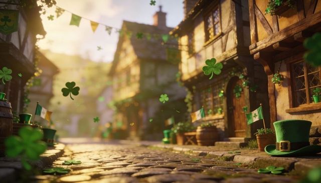 Sunlit storybook village street celebrating st patrick day with shamrocks, bunting and green top hat