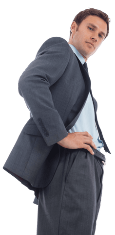 Stern Businessman in Gray Suit with Hands on Hips Transparent