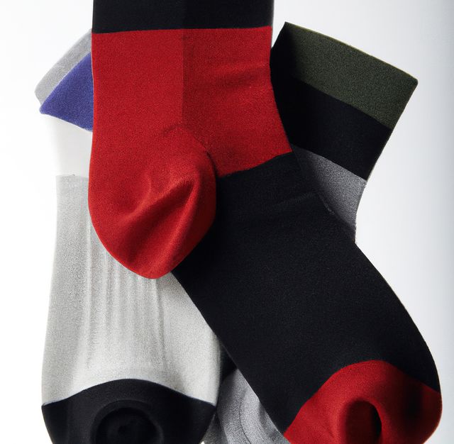 Close up of black and red socks on white background. Fashion, design and clothes concept.
