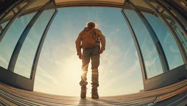 Solo hiker standing at curved glass rooftop doors with backpack, sunset lensflare
