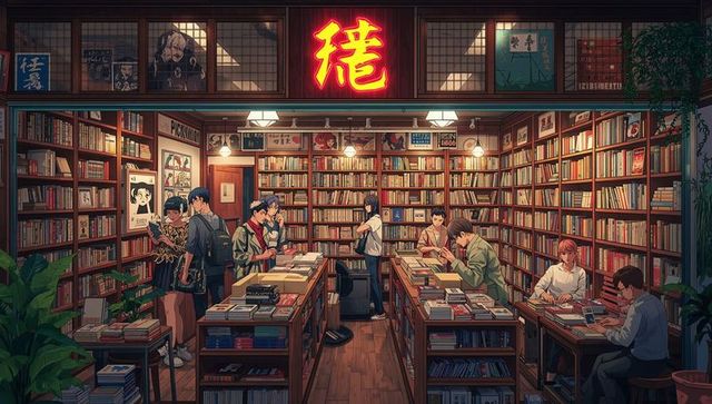 Indie bookstore browsing and studying under glowing red chinese neon sign, cozy wooden interior