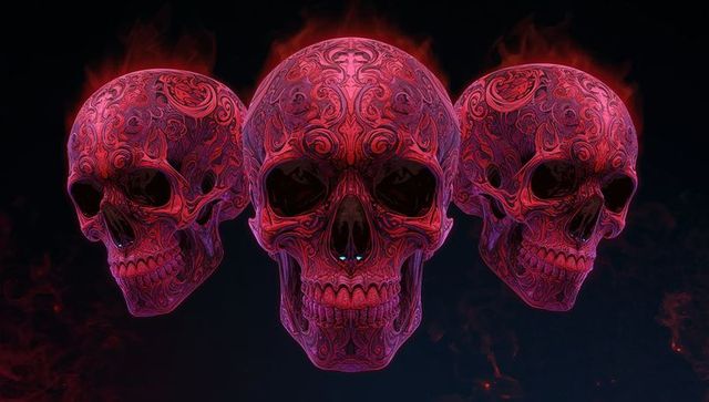 Ornate glowing skulls with swirling motifs floating in dark void