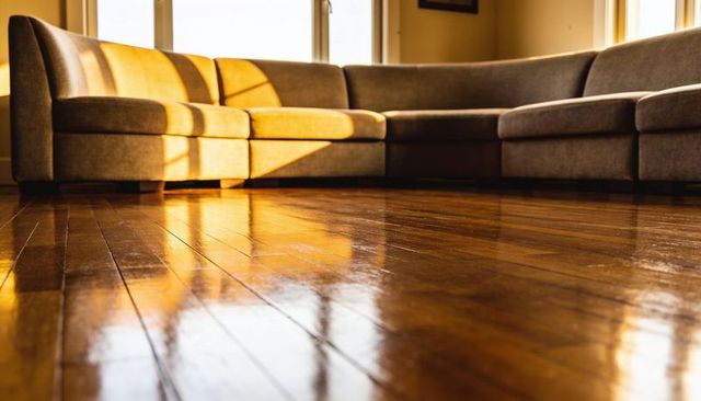 Sunlit l-shaped sectional sofa on glossy hardwood floor reflecting warm golden light