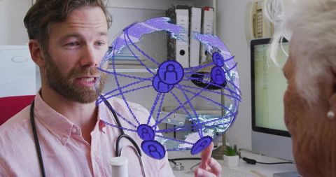 Doctor Consulting Senior Patient with Holographic Global Network Visualization in Clinic