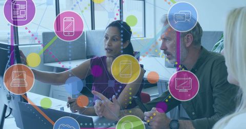 Business team analyzing digital network solutions in modern office