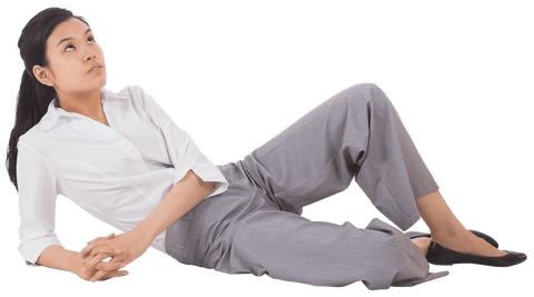 Asian Businesswoman Reclining on Transparent Background Smiling