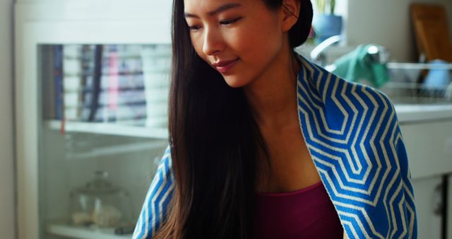 Woman Relaxing With Blue Patterned Blanket - Download Free Stock Images Pikwizard.com