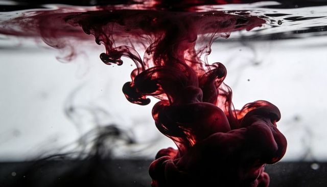 Crimson ink plume swirling and curling in water with dramatic backlight and bubbles