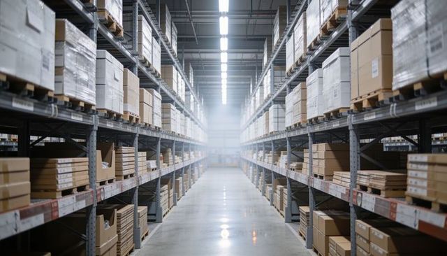 Symmetrical warehouse aisle showing pallet racking and stacked boxes in fulfillment center