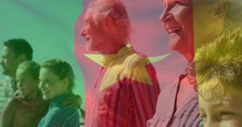 Multigenerational family standing on sunny beach with vietnam flag overlay, smiling warmly