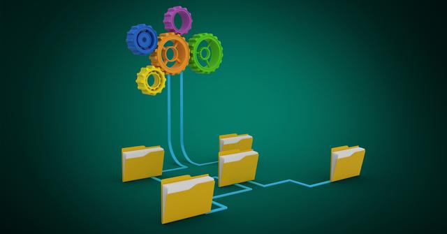 Digital representation of interconnected folders linked by colorful gears. Useful for illustrating concepts of data organization, network systems, and efficient information management in technology presentations, blogs, and educational materials.