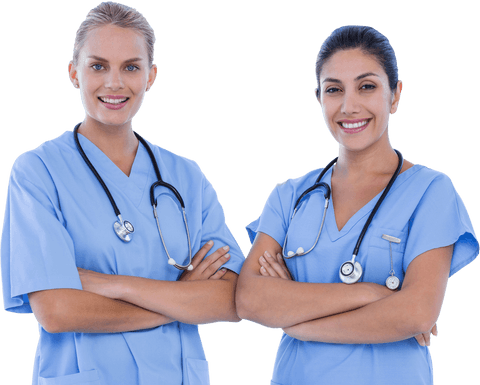 Smiling doctors in blue scrubs on transparent background