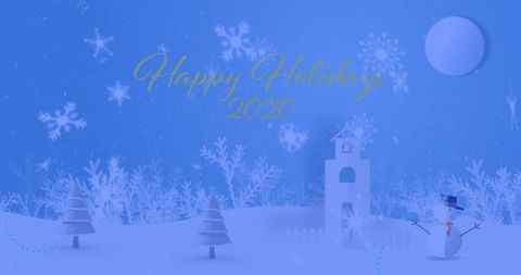 Snowman on snowy hill with frosty tower and moonlit sky