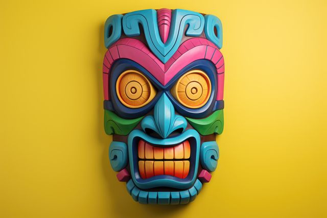 Colourful tiki mask on yellow background, created using generative ai technology. Culture, tradition, decoration, pattern and colour concept digitally generated image.