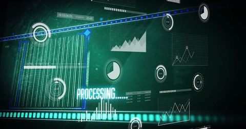Processing data dashboard visualizing teal hud with striped panel and floating analytics